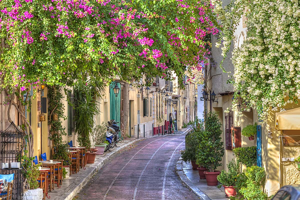 More Greece Panorama of cozy outdoor cafe in Plaka, the best place to walk and relax with a cup of Greek coffee