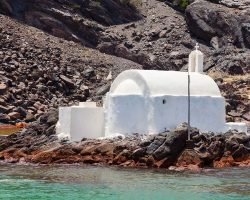 More Greece Small church at the hot springs on Palea Kameni Volcanic Island Santorini Greece