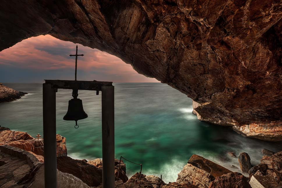 St. Stephan cave with sea view through a simple belfry